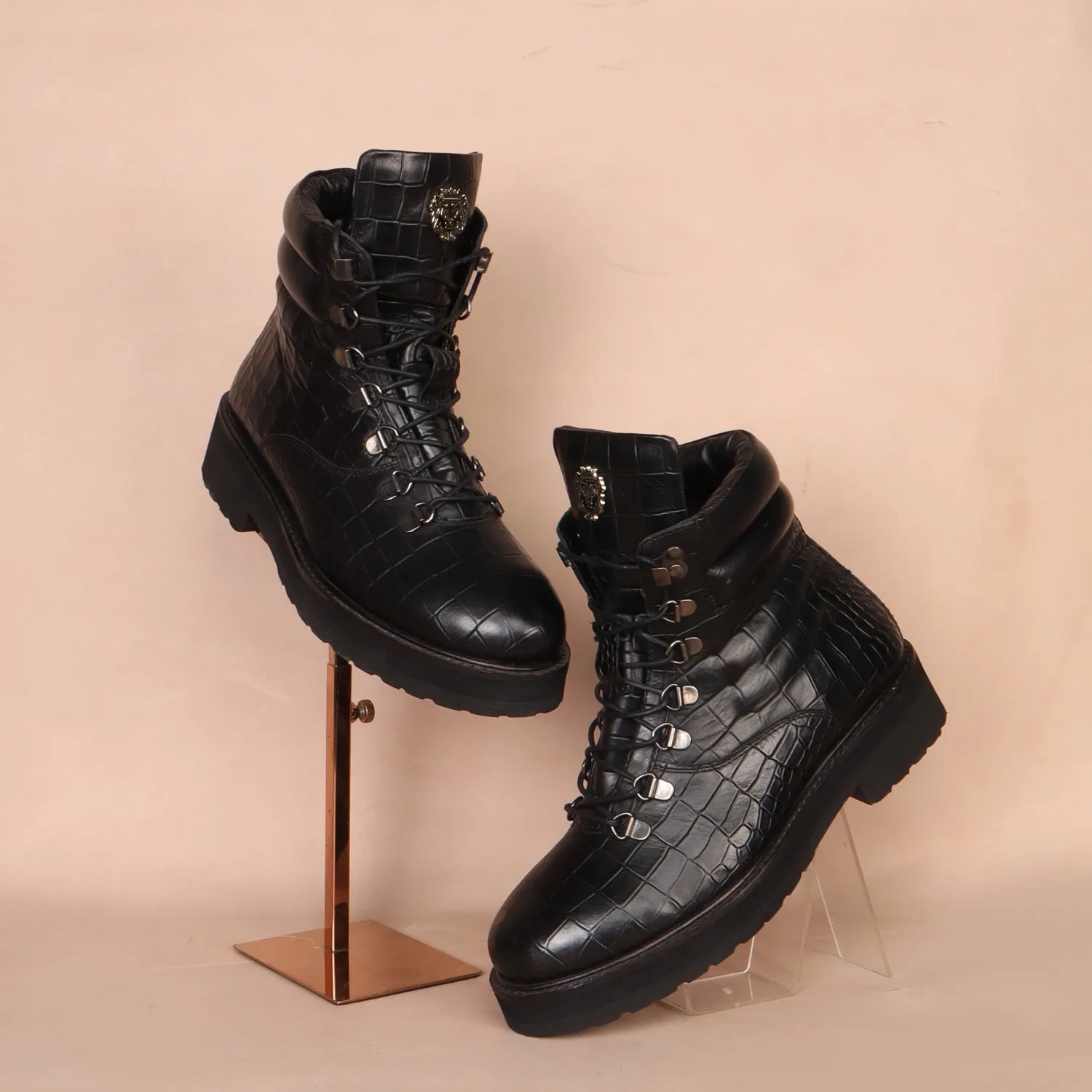 Women Light Weight Biker Boots in Black Deep Cut Croco Textured Leather By Brune & Bareskin