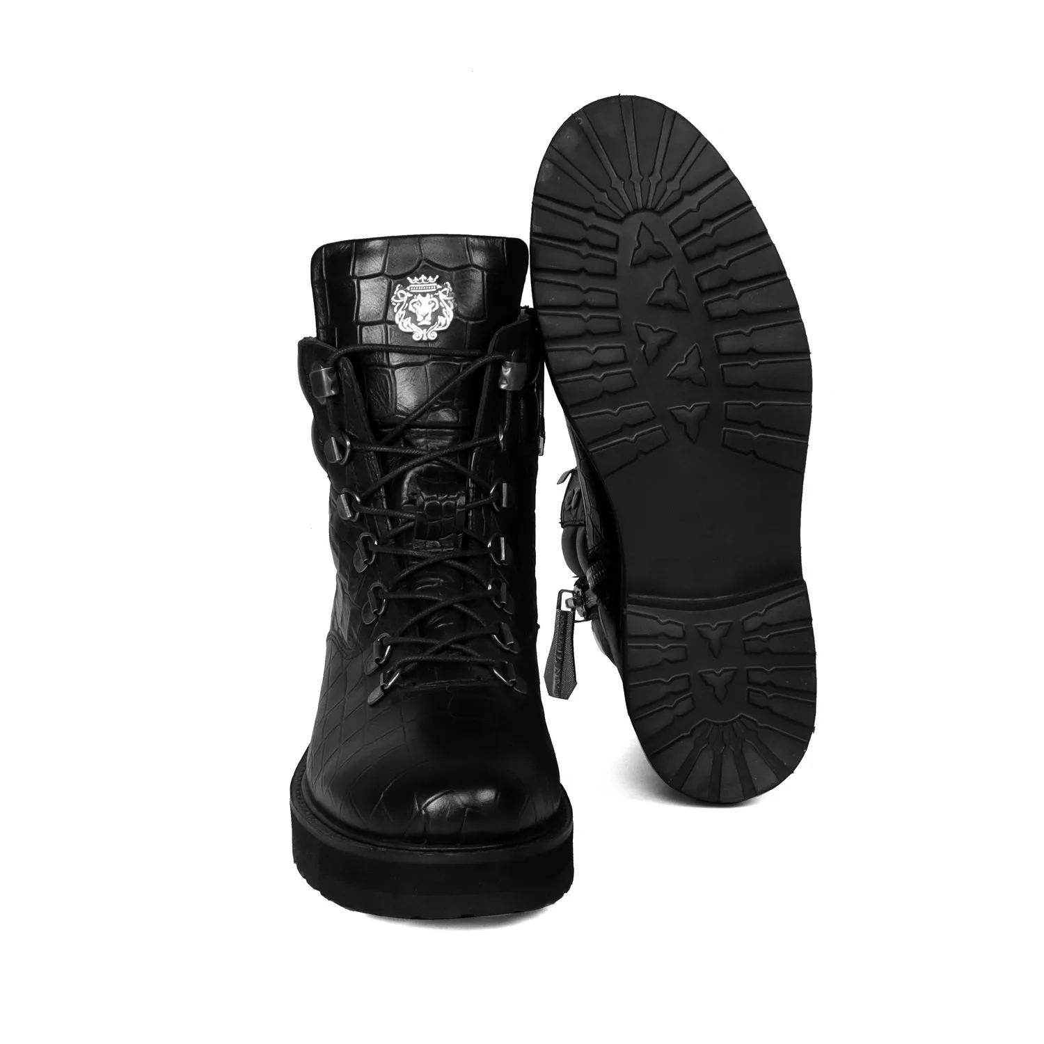 Women Light Weight Biker Boots in Black Deep Cut Croco Textured Leather By Brune & Bareskin