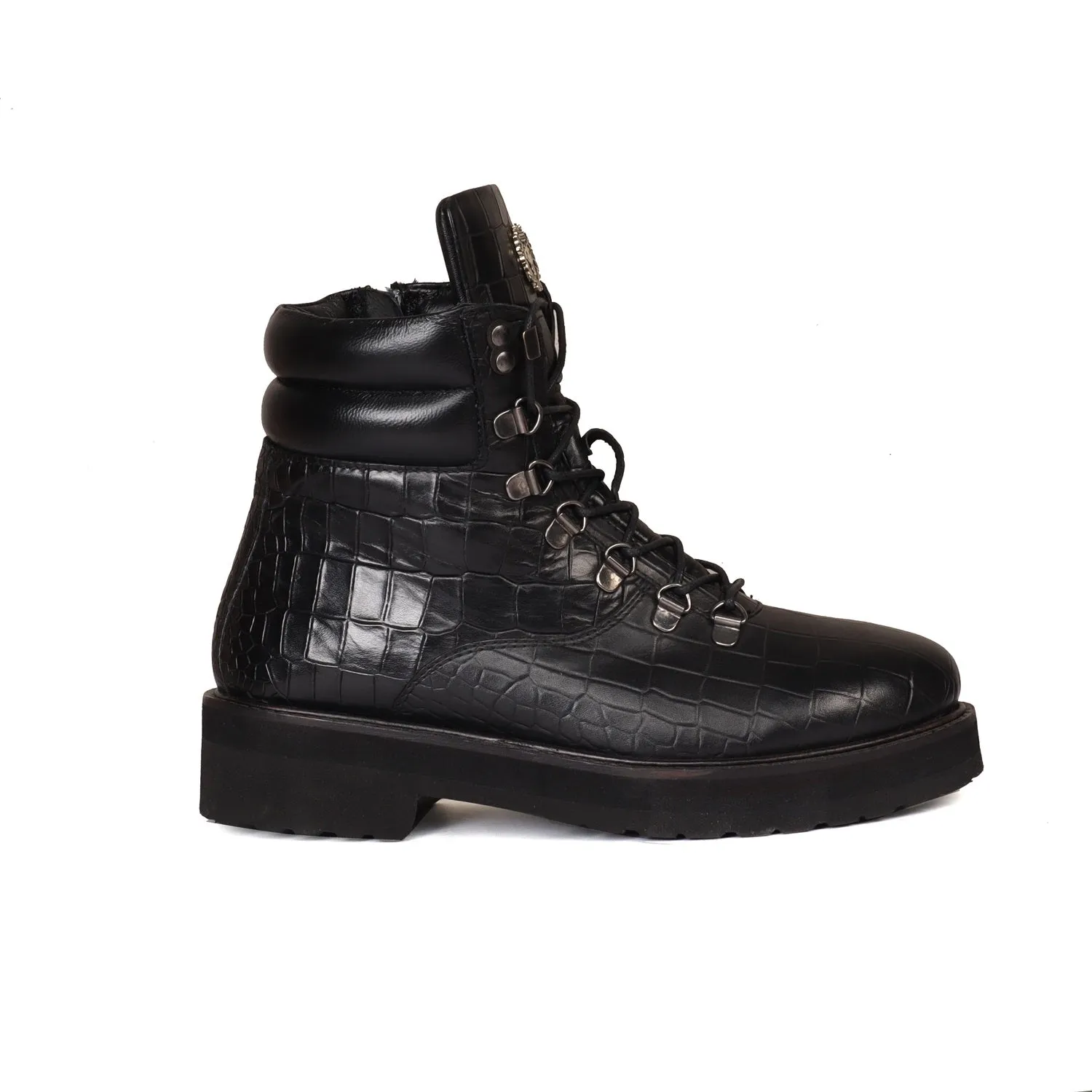 Women Light Weight Biker Boots in Black Deep Cut Croco Textured Leather By Brune & Bareskin