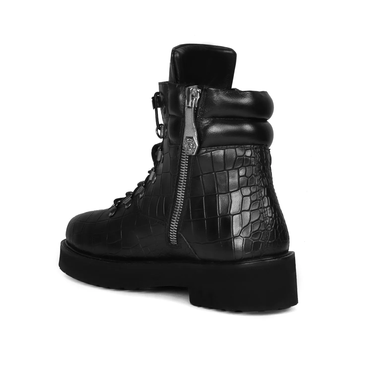 Women Light Weight Biker Boots in Black Deep Cut Croco Textured Leather By Brune & Bareskin