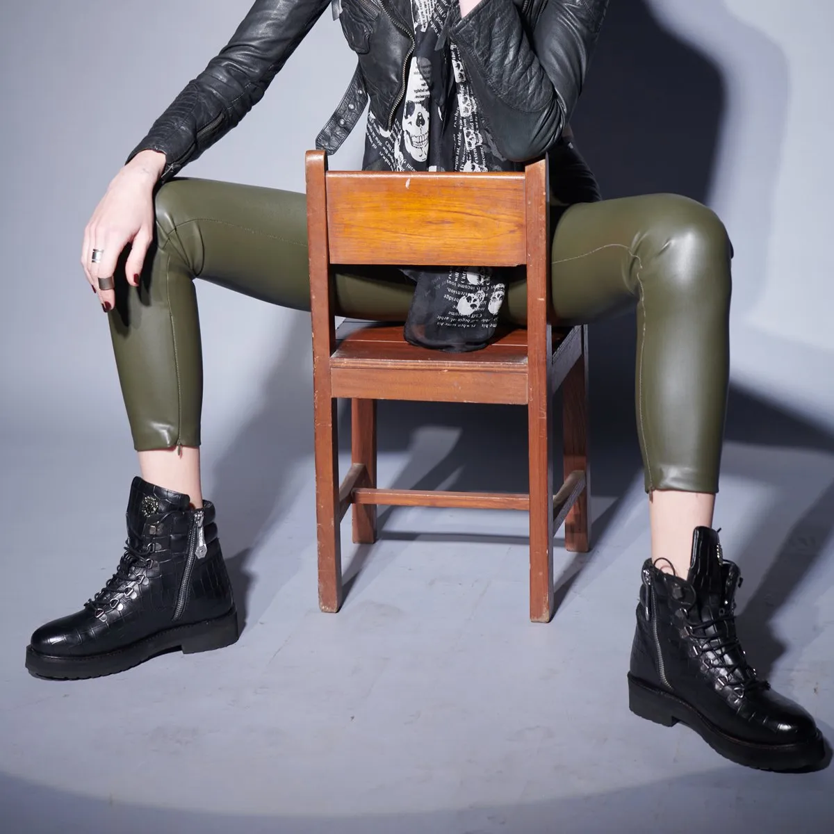 Women Light Weight Biker Boots in Black Deep Cut Croco Textured Leather By Brune & Bareskin