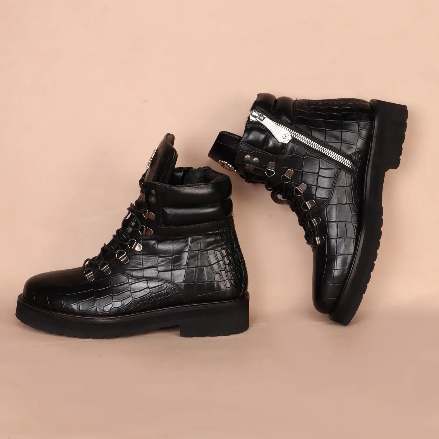 Women Light Weight Biker Boots in Black Deep Cut Croco Textured Leather By Brune & Bareskin