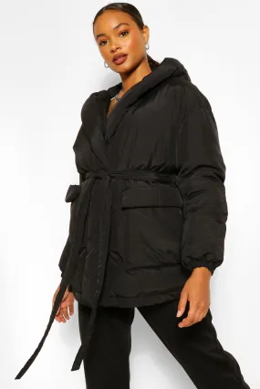 Wrap Detail Belted Hooded Puffer